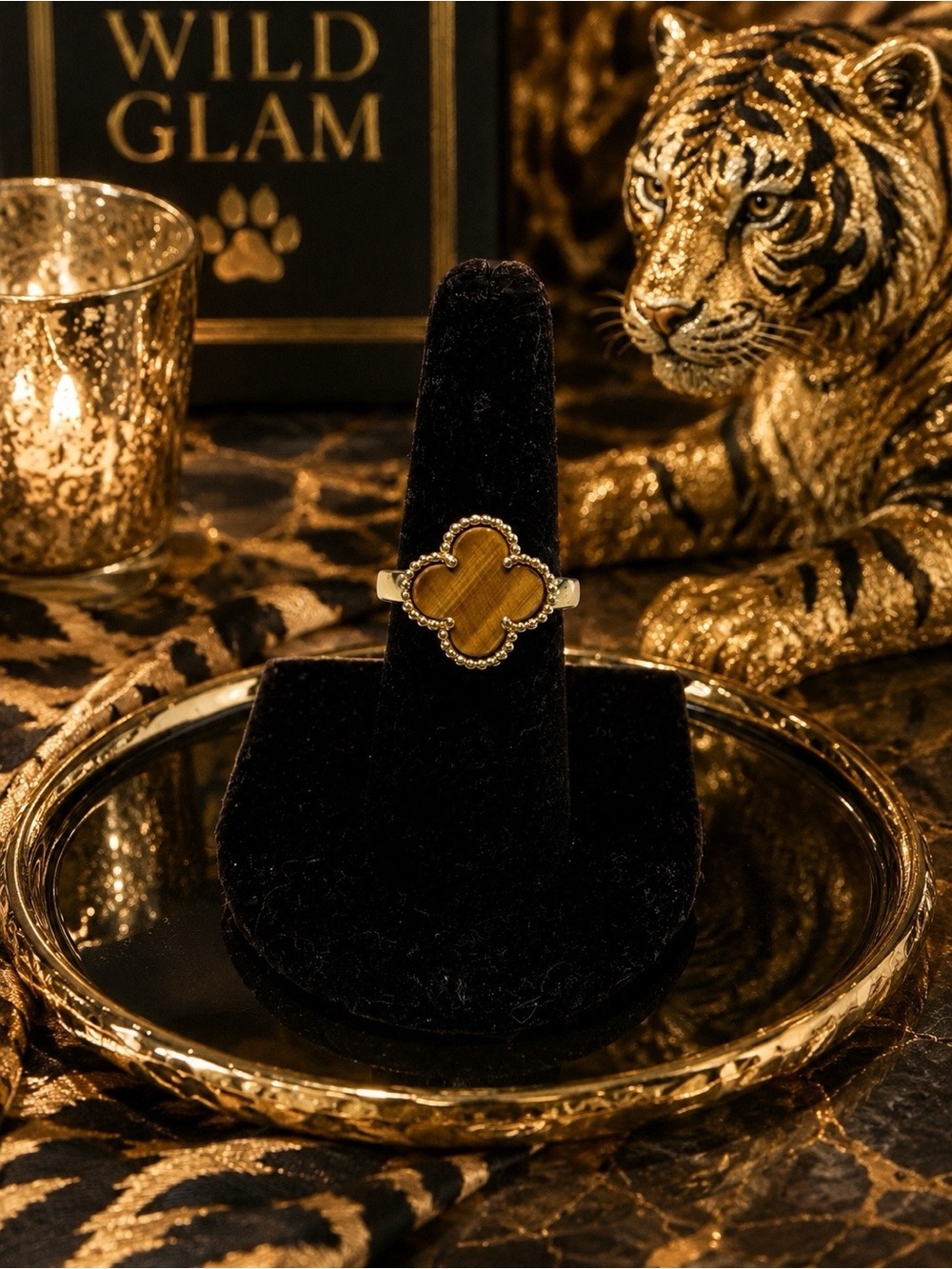 ✨ Tiger Eye Clover Statement Ring | Gold Tone | Size 7